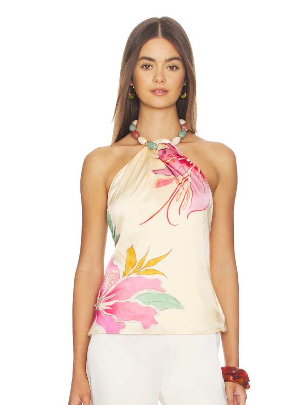 NEW retrofete Milani Top in Ivory Hibiscus Floral Silk Satin Halter Tank Flower